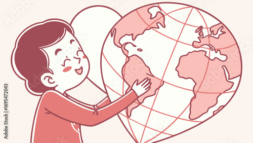 Child hugging the planet earth with love and care