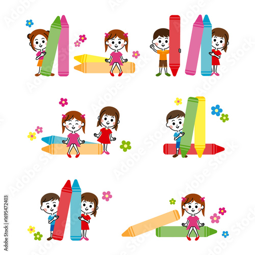 クレヨンと子供たちのイラストセット