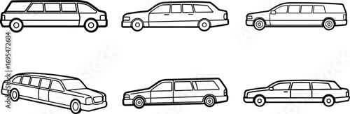 Set of limousine line art, black outline, vector and illustration