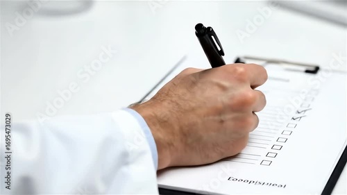 Close-up shot of a doctor's hand meticulously filling out a checklist on a clipboard, showcasing a neutral color palette and conveying a professional and focused mood in a bright,