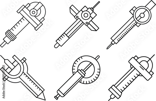 Set of micrometer screw gauge line art, black outline, vector and illustration