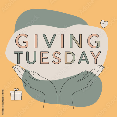 Giving tuesday hands holding gift boxes and abstract shapes supporting charity