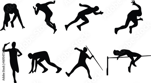 Track and field silhouette, athlete motion, sprinting pose, javelin throw, high jump, sports action, running stance, dynamic movement, black vector, competition