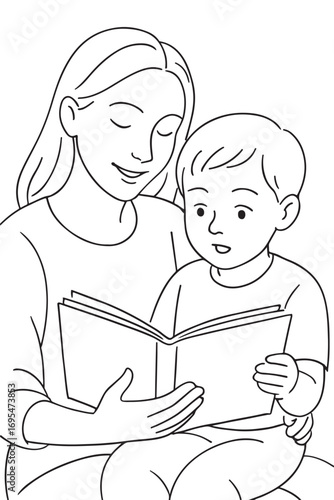 line drawing of mom and kid reading book
