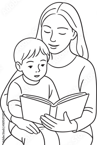 line drawing of mom reading book to kid