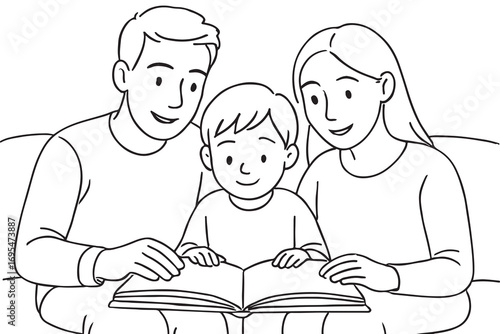 line drawing of parents reading book to kid