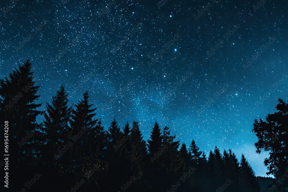Naklejka premium Starry night sky over dark forest