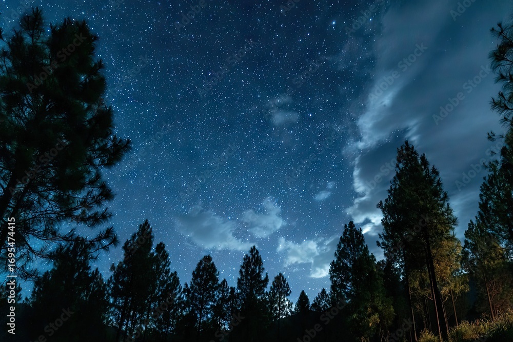 Naklejka premium Starry night sky over a pine forest