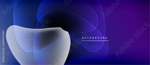 Abstract fluid shapes overlap, creating vibrant blue, purple gradients. Minimalist text reads background design on right side. Dark background dominates.