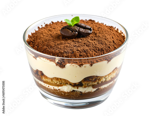 Tiramisu Served in a Glass Cup with Cocoa and Coffee Beans, Isolated PNG