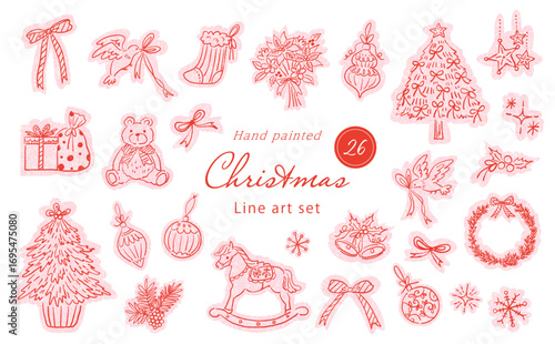 Minimal Line Art Christmas vector clipart Set, Hand Painted Cute Holiday Illustrations for cards, wrapping and decoration.