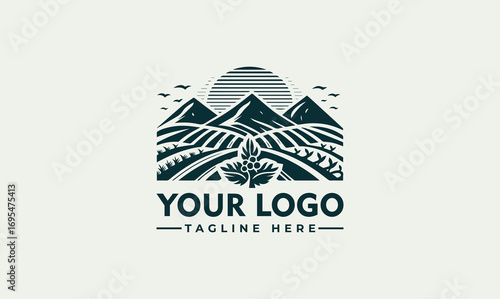 Vintage logo design of mountains and a field of crops, featuring a sun and birds.