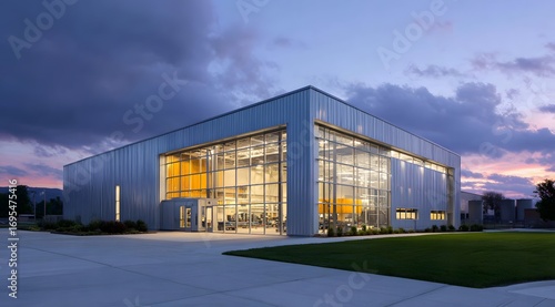 Wallpaper Mural A modern, light-filled industrial building stands at dusk, showcasing large expanses of glass and a muted palette. Torontodigital.ca