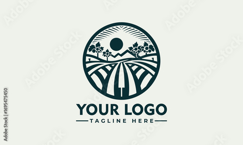 Circular logo depicting a stylized rural landscape with sun, mountains, trees, and farmland, ideal for agricultural businesses.
