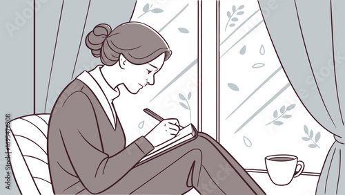 Woman writing in a notebook by the window with a cup of coffee
