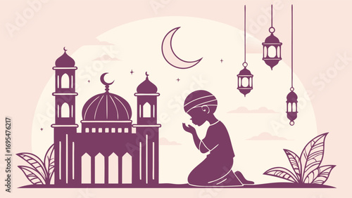 Boy praying in front of a mosque at night with crescent moon