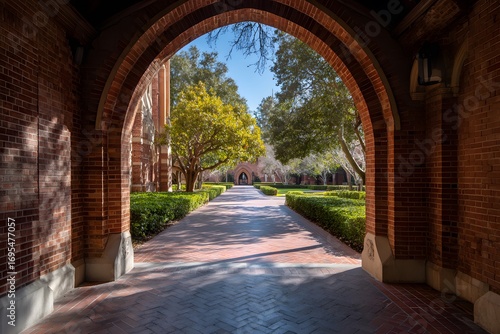 Sunlight streams through an arched brick passageway, illuminating a tranquil campus walkway lined with greenery.