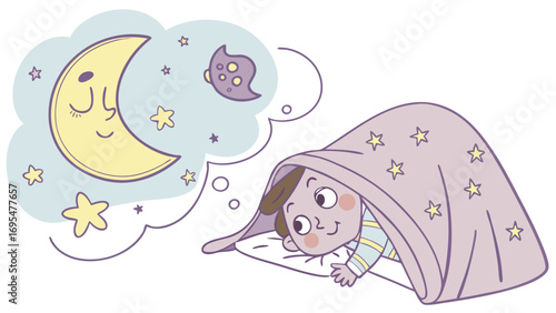 Child sleeping and dreaming of moon and stars