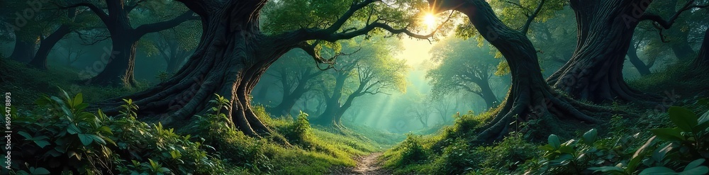 Fototapeta premium A dense, ancient forest with gnarled, thorny branches reaching towards a stormy sky Sunlight barely penetrates the thick canopy, casting long shadows on the overgrown path , forest, ancient