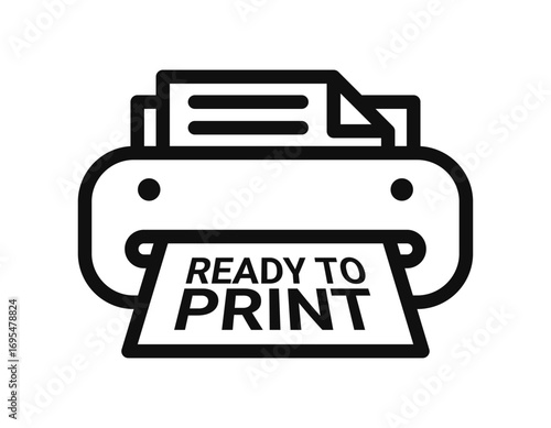 Black and white vector illustration of a printer with paper coming out showing the text "Ready to Print". Simple flat line icon for printing service