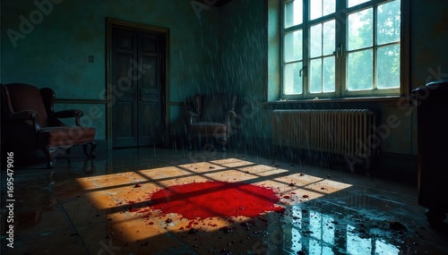 A dimly lit room, rain lashing against the window, overturned furniture, a single crimson stain on the polished floor, suggesting a violent struggle and aftermath ,  room,  detective,  floor