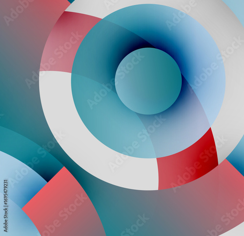 Abstract circles overlap, creating vibrant color blends. Red, white, teal hues dominate composition. Modern design, smooth gradients present.