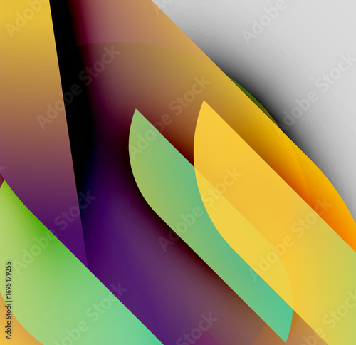 Abstract layers overlap, creating vibrant color gradients. Shapes suggest movement, depth, modern design aesthetic. Smooth transitions dominate composition.