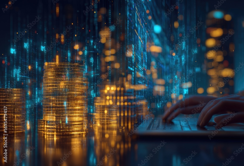 Naklejka premium Digital cityscape, person typing on laptop, abstract city, glowing data