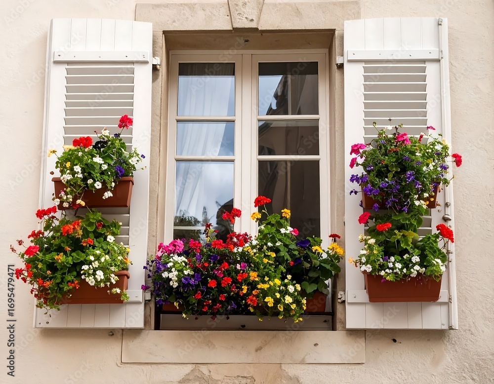 Naklejka premium European window with colorful flower boxes