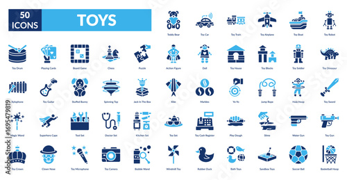 Toys Fill Icon Set.Teddy Bear,  Car,  Train,  Airplane,  Boat,  Robot,  Dinosaur