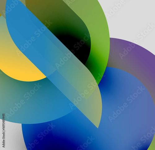 Abstract shapes overlap, creating vibrant color blends. Smooth gradients define flowing forms, suggesting movement, depth.