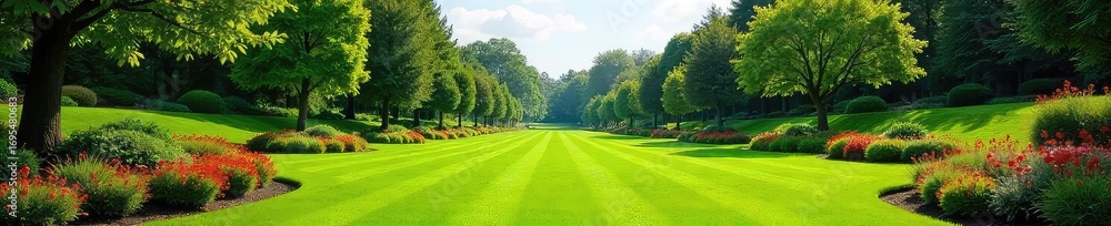 Fototapeta premium A meticulously planned landscape design featuring lush green lawns, vibrant flowerbeds, and strategically placed trees creating a serene and inviting outdoor space , gravel, landscape design