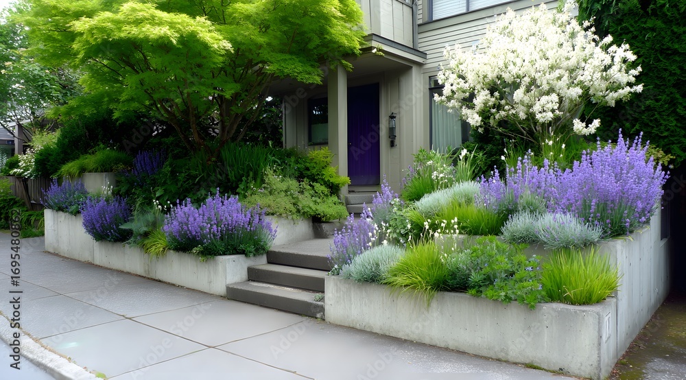 Fototapeta premium A tiered garden bed design showcases a variety of lavender and other flowering plants against a modern house.