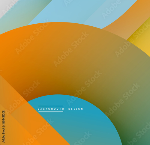 Abstract colorful layers create flowing shapes. Warm tones blend with cool blues, forming dynamic composition. Modern design element.