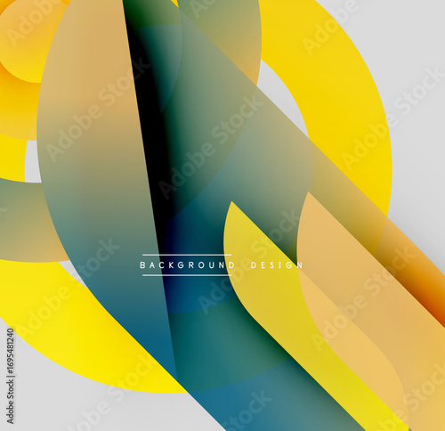 Abstract design features overlapping colorful shapes. Yellows, greens, blues create dynamic visual effect. Modern, smooth gradients present.
