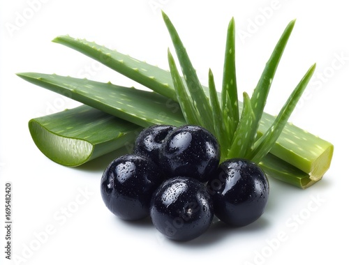 Shiny, dark berries clustered with green aloe vera sprigs and leaves on a white background, highlighting health and nature