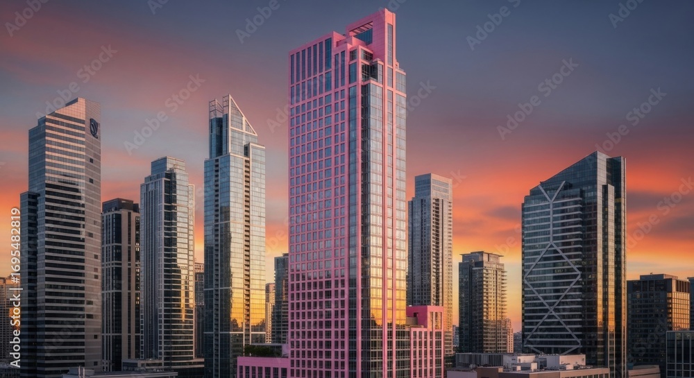 Obraz premium Modern Skyscraper Cityscape at Sunset with Pink Highlighted Tower
