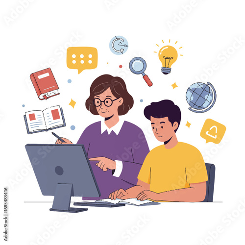 Dedicated teacher providing online support to a focused student tackling a homework assignment, depicted in a clean 2D flat vector illustration on a pristine white background.