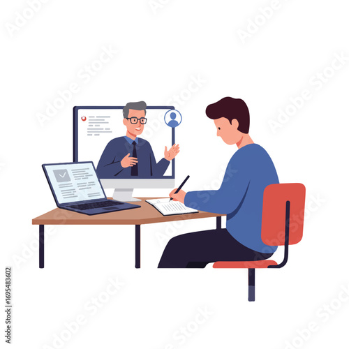 A 2D flat illustration depicts a focused student diligently writing notes on paper during an engaging online lesson taught by a remote teacher, set against a clean white background.