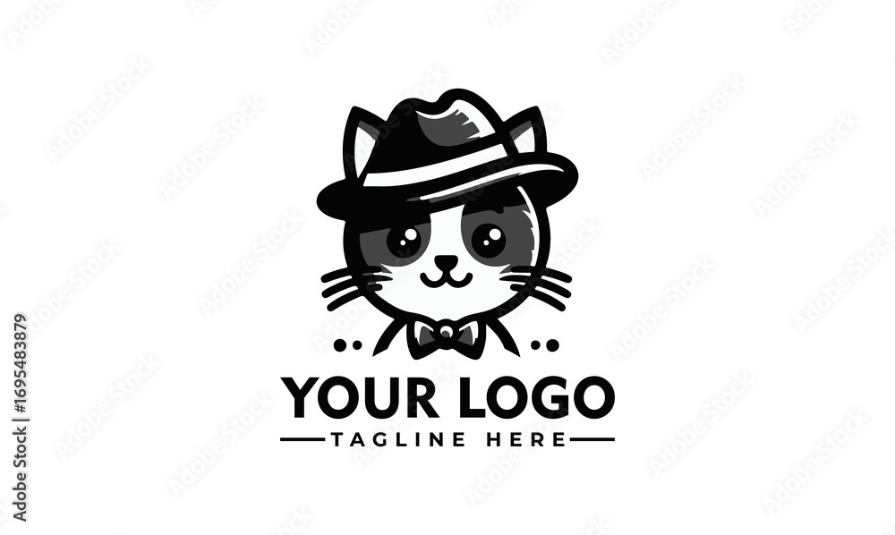 Fototapeta premium Stylish monochrome cat logo design, wearing a fedora and bow tie.