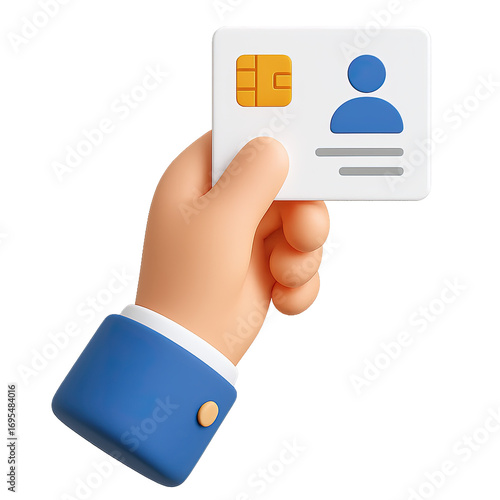 3d icon of a hand showing a smart id card with a chip, an illustration for digital identity, secure access, and personal data.