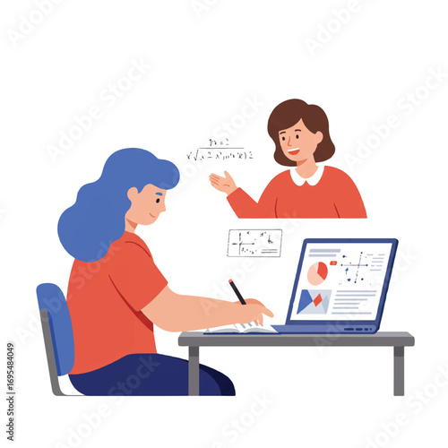 A focused student learning from a supportive teacher during an online tutoring session, depicted in a vibrant 2D flat style on a clean white background, representing accessible modern education.