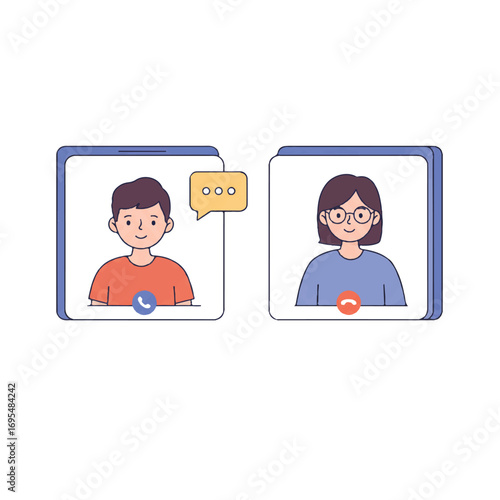A dedicated student and teacher engage in an interactive online video call for modern distance learning, presented as a vibrant flat 2D vector illustration against a clean white background.