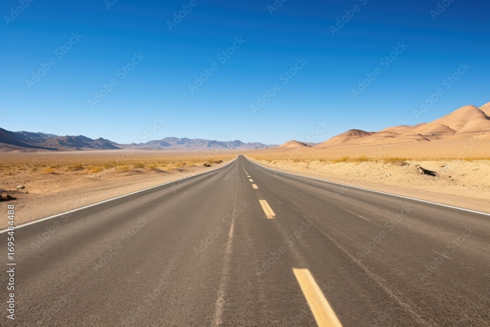 Naklejka premium Endless desert highway vanishing into hazy mountains asphalt road