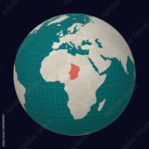 Republic of Chad on the map. Globe centered to Chad. Country location on the world map. Teal Pale Mint color palette. Globe with countries, meridians and parallels. Captivating vector illustration.