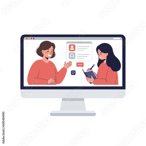 Teacher and student communicate online effectively via a laptop computer, depicted in a bright 2D flat vector illustration on a clean white background, symbolizing digital education.