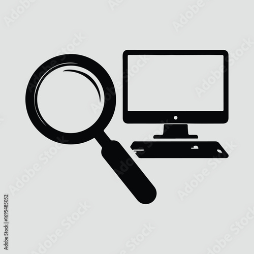 Silhouette computer and magnifier symbol for searching vector illustrator