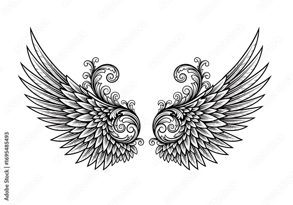 Obraz premium Elegant pair of ornamental angel wings with intricate feather and scrollwork details, a classic black and white silhouette illustration