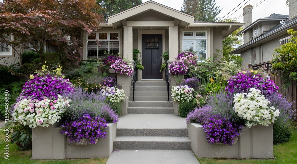 Naklejka premium A cheerful and vibrant flower display adorns the steps and porch of a light gray house, showcasing a beautiful array of purple and white blooms.