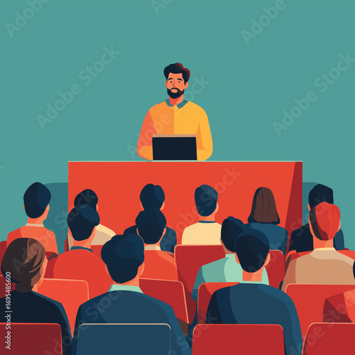 Lecture Hall Presentation with Engaged Audience , vector style simple color